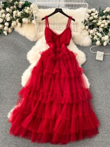 Elegant Lace Dress Sweet Gauze Bell Sleeve Long Slim Fit Midi Skirt Korean Style Commute Spring Summer Autumn Winter A-Line Gown