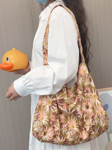 Naza Korean Style Small Daisy Canvas Bag Casual Slouchy Single Shoulder Bag Commute Large Capacity Student Travel Canvas Bag
