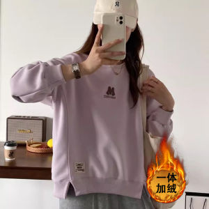 Womens round Neck Short Fleece Lined Hoodless Sweatshirt Spring Autumn Fashionable Korean Style Regular Fit Long Sleeve Top