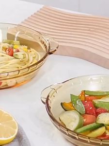 Amber Borosilicate Glass Plate with Convenient Handle Microwave and Oven Safe Vintage Round Dish with Embroidered Design