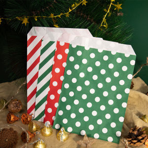 24PCS Christmas Series Sticker Paper Gift Bag Red and Green Polka Dot Stripe Pattern Candy Bag