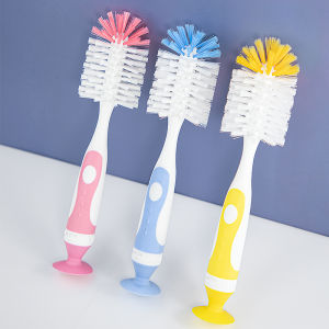 2-in-1 Bristle Bottle Brush with Nipple Brush and Suction Cup Nylon Baby Bottle Cup Brush Daily Use Feeding Cleaning Brush