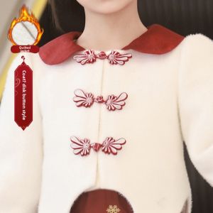 Girls Winter Hanfu Dress Set Long Sleeve Embroidered A-Line Skirt Traditional Chinese New Year Clothing Soft Cotton Thickened