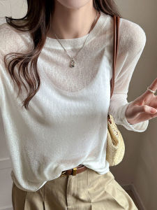 เสื้อยืดแขนยาวสีขาว ผ้าไหมน้ำแข็ง ทรงหลวม ระบายอากาศได้ดี ทรงหลวม สไตล์เกาหลี ลำลอง สำหรับผู้หญิง