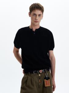 Deep Grey Knitted Short Sleeve Polo Shirt Henry Collar Summer Commute Mature Stable Mens T-Shirt Casual Loose Fit Polyester Fiber