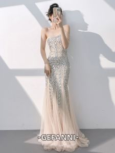 Luxury Champagne One-shoulder Year Event Mermaid Sequin Evening Dress