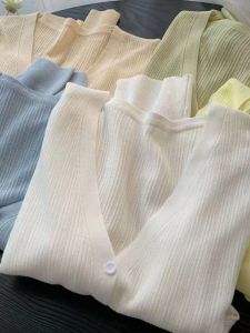 Áo Len Cardigan Dệt Kim Mỏng Cổ Chữ V Ôm Vừa Vặn Bằng Lụa Băng Mùa Xuân Hè Áo Khoác Ngoài Thời Trang Thường Ngày Cho Nữ