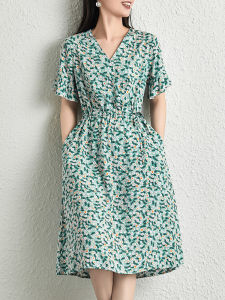 New 2025 Womens Cotton Silk Dress Summer Outfit High Waist A-Line Midi Skirt Floral Print Bell Sleeve V-Neckline Wrap Dress