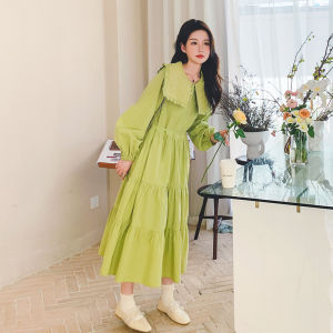 French Navy Collar Long Sleeve Green Dress Womens Autumn 2025 New High Waist Slimming Casual Long Dress A-Line Skirt