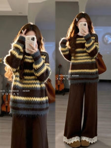 XUECAIQI | Laid-back Vintage Style Striped Sweater & Loose Trousers Set for Women