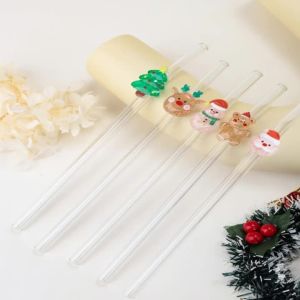 1PC/5PCS Christmas Glass Straw Set5 designs with brush. For cocktails & boba. Perfect parties & gifts.