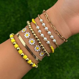Ingemark | 7Pcs/Set Kpop Sunflower Flat Snake Chain Bracelets for Women Trendy CCB Beads Charm Bangles Couple Friends Jewelry Accessories