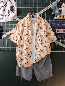 Hong Kong Style Ice Silk Printed Shirt Mens Summer Thin Fashion Brand Loose Seaside Beach Vacation Mens Floral Shirt Coat