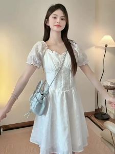 HEYINI | Đầm Ngắn Form A Dây Nơ Phồng Tay Cổ Vuông Kiểu Pháp