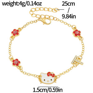 Sanrio | Hello Kitty Flower Charm Bracelet Gold Tone Zinc Alloy with Red Enamel & Rhinestone Adjustable Chain Jewelry