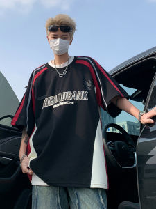 American Racing Suit Short-Sleeved T-shirt Mens Summer Oversize Trendy Street Handsome Motorcycle Black and Red Color Matching Top