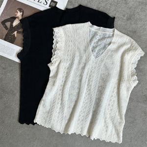 Shalldoer | Korean High-End Lace Splicing Knitted Top Womens Fashionable Summer New Style Age-Defying Slim Fit Breathable Stretchy Blouse
