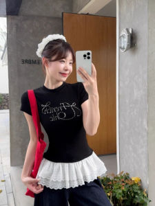 Áo Thun Tay Ngắn Ren Chữ Kích Thước Nhỏ Cho Nữ Mùa Hè Dáng Ôm in Chữ Vai Giả Hai Mảnh Màu Đen