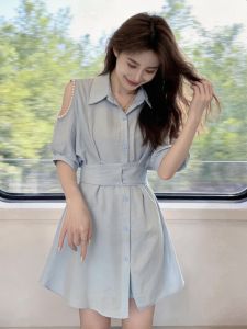 Đầm Tay Ngắn Cổ Polo Dáng Suông Dây Nịt Ép Eo