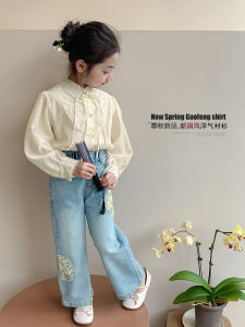 New Chinese Style Childrens Outfit Autumn Clothes Set for Girls Baby Traditional Costume Shirt And Denim Pants Two-Piece Set