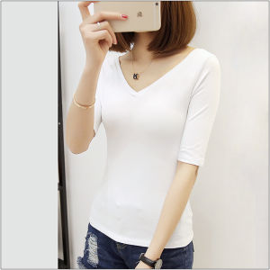 Womens V-neck Short Sleeve T-shirt Modal Cotton Blend Slim Fit Base Shirt Fashionable Black Ice Silk Underwear Top