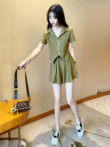 Fashionable Outfit Set Women Summer Small Size Asymmetrical Top High Waist Mini Skirt Slimming Two Piece Cotton Zipper Short Sleeve