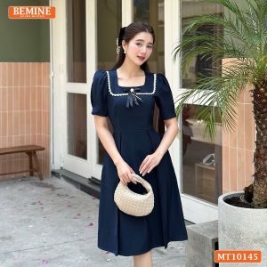 Đầm thiết kế BEMINE cổ vuông viền ren đính nơ dáng chữ A phù hợp đi làm-MT10145