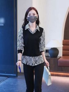 Slimming Stripe Base Layer Shirt Womens Spring Fashion Top Korean Style Polo Collar Long Sleeve Regular Fit Button Detail