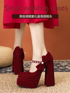 French Elegant 15CM Mini Dress Ultra High Heel Show Heel Wedding Shoes Waterproof Platform Red Single Shoes Fashionable Butterfly Knot