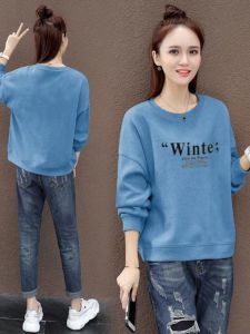 เสื้อฮู้ดคอกลมแขนยาวหลวมๆ สำหรับผู้หญิง แฟชั่นฤดูใบไม้ร่วง/ฤดูหนาว เสื้อยืดคอกลมบางๆ ทรงหลวมๆ สไตล์เกาหลี เสื้อเชิ้ตผู้หญิง เสื้อเชิ้ต