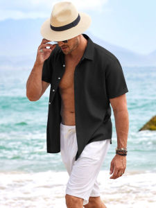 Ice Silk Chiffon Mens Shirt No Ironing Seamless Cool Loose Short Sleeve Modal Smooth Sun Protection Casual Summer Breathable