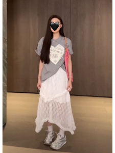 Sweet Elegant Printed Heart Butterfly Knot Short Sleeve T-Shirt Womens Loose Fit Mid-Length Slimming Versatile Top Cotton Pure Summer