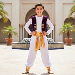2PCS Arab Prince Costume Boys 4-11T Arabian Dress Up Outfits Set for Kids Cosplay Childrens Day Halloween Night Party Uniform