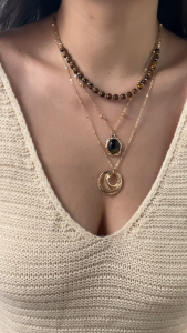 Gold Tone Multi Layered Necklace for Women Tiger Eye Stone Beaded Chain Heart Waterdrop Sun Pendant Vintage Boho Stackable Choker Fashion Daily Jewelry