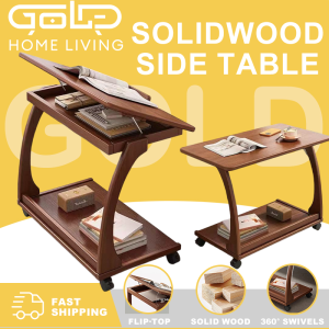 GOLD Solid Wood Table Side Table Double Layer Bedside Table Bedroom Small Book Table Coffee Table可旋转翻盖床边桌