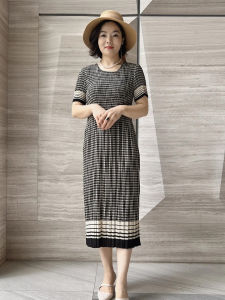 Elegant Summer Short Sleeve Dress New Style Chiffon Pleated round Neck Elastic Midlife Mom Print Anti-aging Slimming Skirt
