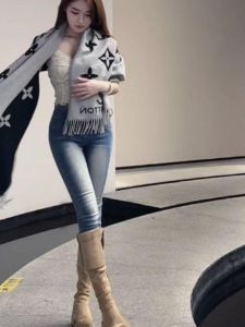 High Waist Blue Fatty Hip Denim Jeans Womens Elastic Slimming Lengthening Washed Pencil Nine Points Pants Street Style Cotton Stretch Denim