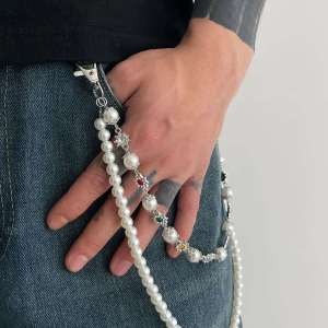 KunJoe Hip Hop Colored Rhinestone Flower Imitation Pearl Pants Chain Men Jeans Accessories Multi layer Metal Belt Chain Keychain