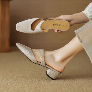 New Chinese Style Womens Mules Summer Outdoor Wear Genuine Leather Head Cover Slippers mid Heel Casual Comfortable Shoes