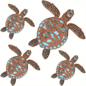 4PCS Wooden Sea Turtle Wall Decor Floral Carved Turtle Art with Double-Sided Nano Tape