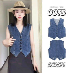 Chic Short V-Neck Denim Vest Womens Fashion Summer New Style Slimming Versatile Cotton Polyester Blend Commute Friendly