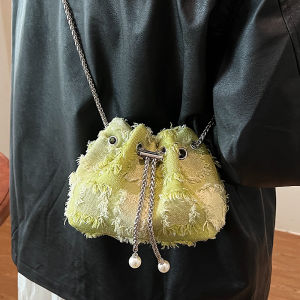 Spring Summer Canvas Bucket Bag Womens Crossbody Bag with Chain Handle Fashion Trend Soft Polyester Lining Single Shoulder Bag