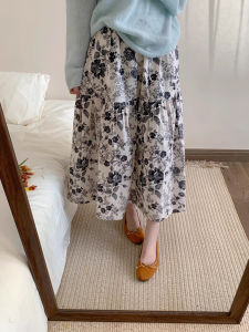 Korean Style High Waist Printed Oil Painting Half Skirt Womens Autumn New High Waist Slim Folded A-Line Midi Skirt