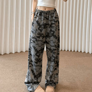 กางเกงขายาวทรงตรงสีขาวลายพรางทรงหลวมสไตล์ฮิปฮอปย้อนยุคสำหรับผู้ชาย กางเกงขายาวทรงตรงสำหรับเล่นกีฬาในชีวิตประจำวัน