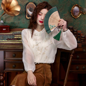 Elegant Chinese Style Silk Shirt for Women Heavy Embroidery Flower Button Long Sleeve  Silk Top Vintage Commute Loose Fit