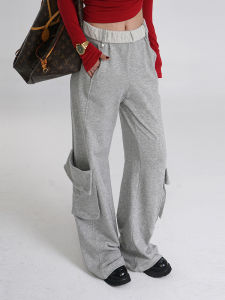 Loose Straight Leg Sports Pants Womens High Waist Tummy Control Korean Style Butt Lifting Pocket Design Casual Trousers