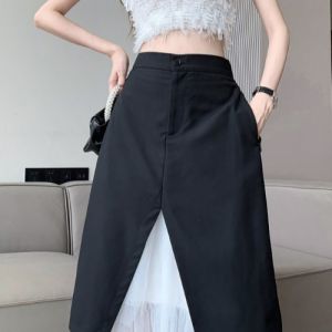 Irregular Mesh Patchwork Suit Skirt Womens Summer Thin High Waist Stylish A- Line Split Pleated Skirt Fashion