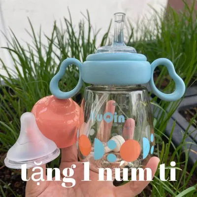 2in1 (1 núm ti +1 núm hút+ bình sữa 300ml) Bình Sữa - Bình Uống Nước PPSU Kuqin 300Ml Có Kèm Tay Cầm