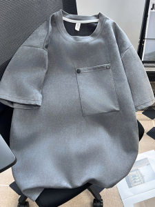 Heavy Weight American Suede Short-Sleeved T-shirt Mens Ruffle Handsome Stylish Flow Patchwork Pocket Top Summer Loose Half-Sleeved T-shirt