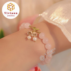 Viviann Original sterling silver Design Flower Pearl Pendant Strawberry Quartz/Pink Crystals Beaded Bracelets for Women Fine Jewelry Pink Crystals Beaded Bracelet Charm Bracelets For Women Good Luck Wish Pendant Bracelet Handmade Bangle